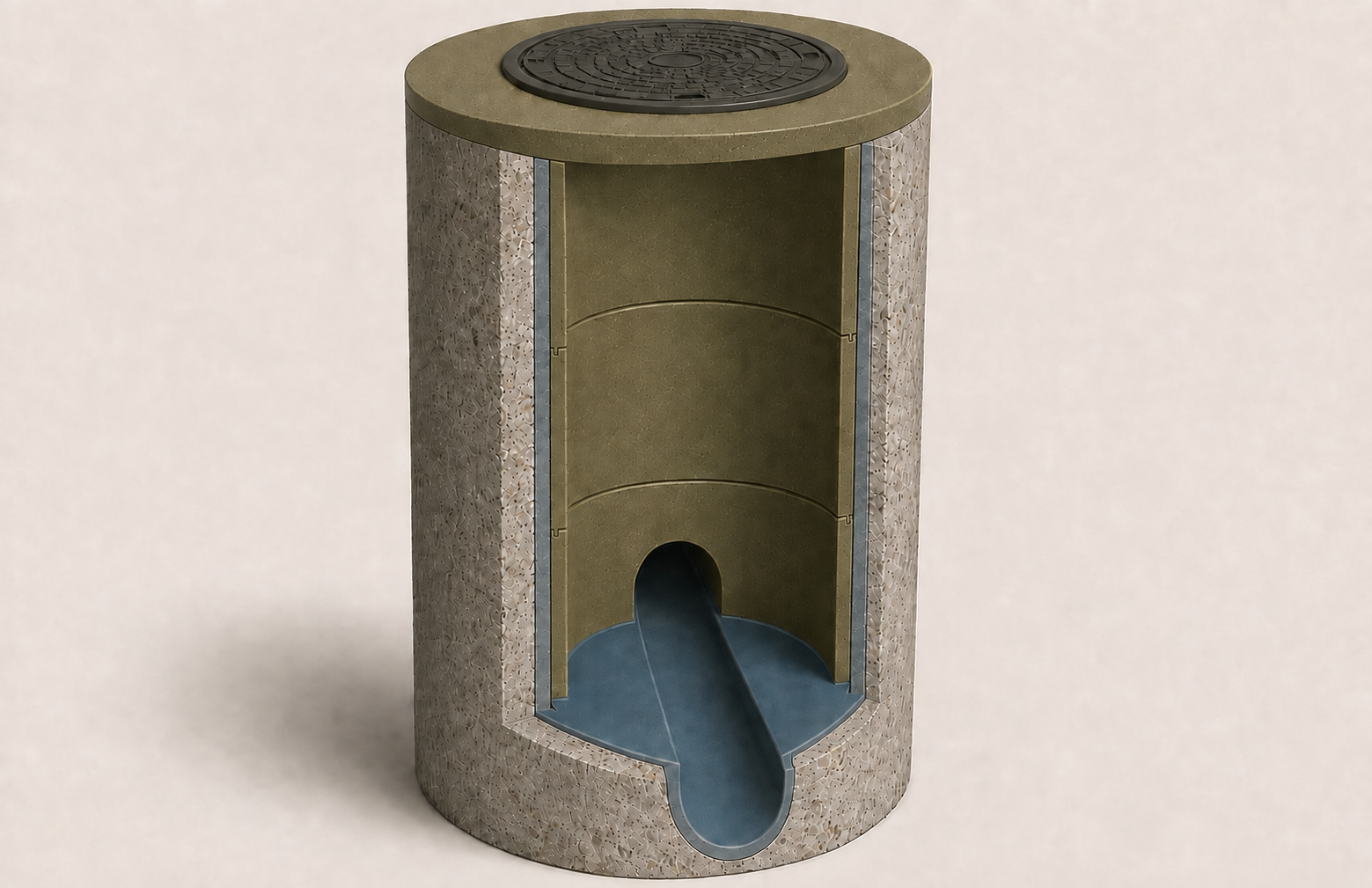 Cutaway visualization of an olive polymer concrete insert inside an existing concrete manhole, with vertical annular fill and a blue-gray coated bench and open flow channel